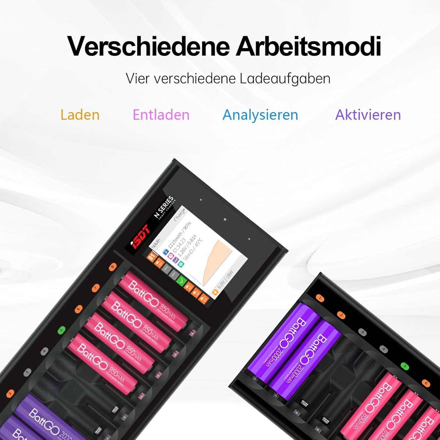 ISDT N8 8-Fach Schnellladegerät für AA/AAA Batterien mit LCD-Display,Analysefunktion