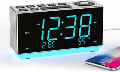 iTOMA Wecker mit FM-Radio, USB-Aufladung, 1.8'' Ice Blue LED,Dual Alarm, Snooze, Dimmer