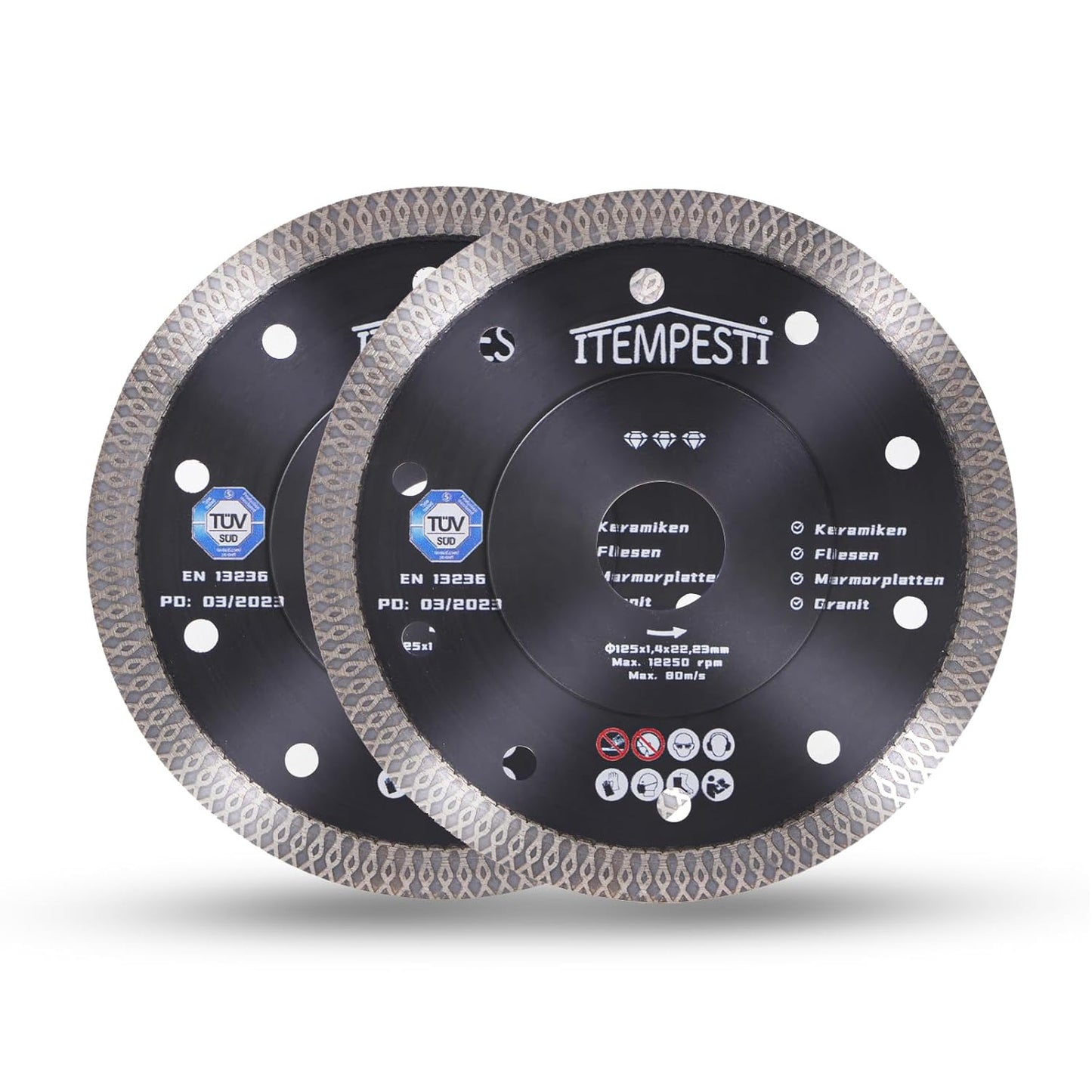 ITEMPESTI Diamanttrennnscheibe 125 mm x 1,4 mm x 22,23 mm ultra fin heißgepressed certifié TÜV SÜD pour Keramik Fliesen Marmor Granit Segmenthöhe : 10 mm (2er Set)