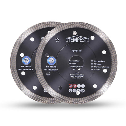 ITEMPESTI Diamanttrennnscheibe 125 mm x 1,4 mm x 22,23 mm ultra fin heißgepressed certifié TÜV SÜD pour Keramik Fliesen Marmor Granit Segmenthöhe : 10 mm (2er Set)
