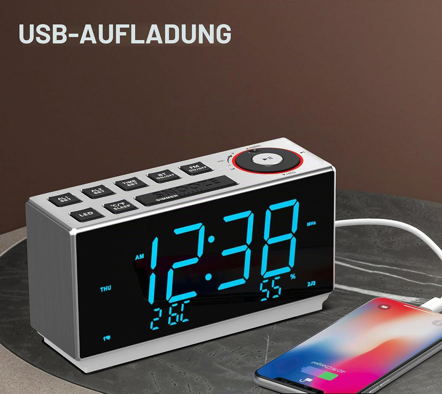iTOMA Wecker mit FM-Radio, USB-Aufladung, 1.8'' Ice Blue LED,Dual Alarm, Snooze, Dimmer