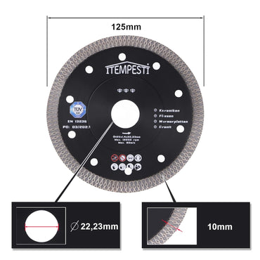ITEMPESTI Diamanttrennnscheibe 125 mm x 1,4 mm x 22,23 mm ultra fin heißgepressed certifié TÜV SÜD pour Keramik Fliesen Marmor Granit Segmenthöhe : 10 mm (2er Set)