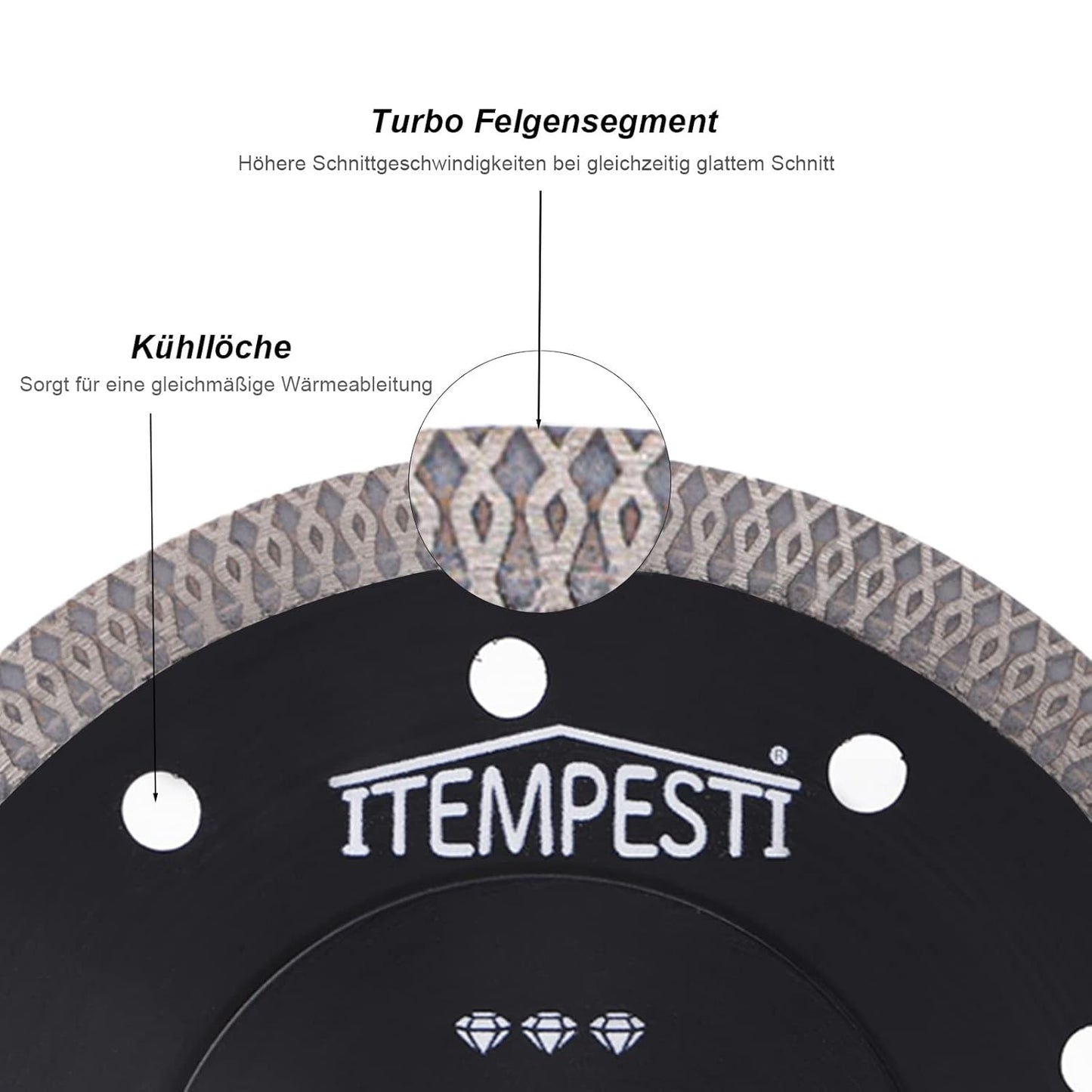 ITEMPESTI Diamanttrennnscheibe 125 mm x 1,4 mm x 22,23 mm ultra fin heißgepressed certifié TÜV SÜD pour Keramik Fliesen Marmor Granit Segmenthöhe : 10 mm (2er Set)
