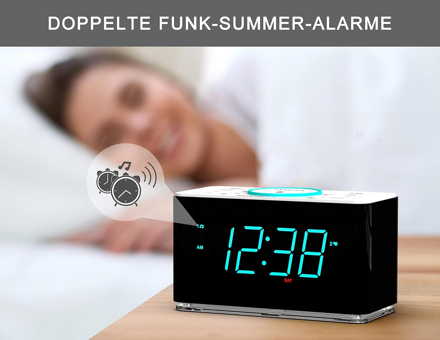 iTOMA Radiowecker,15 Watt  Bluetooth, Dual-Alarm, Snooze, Dimmer, 1,4-Zoll LED-Nachtlicht