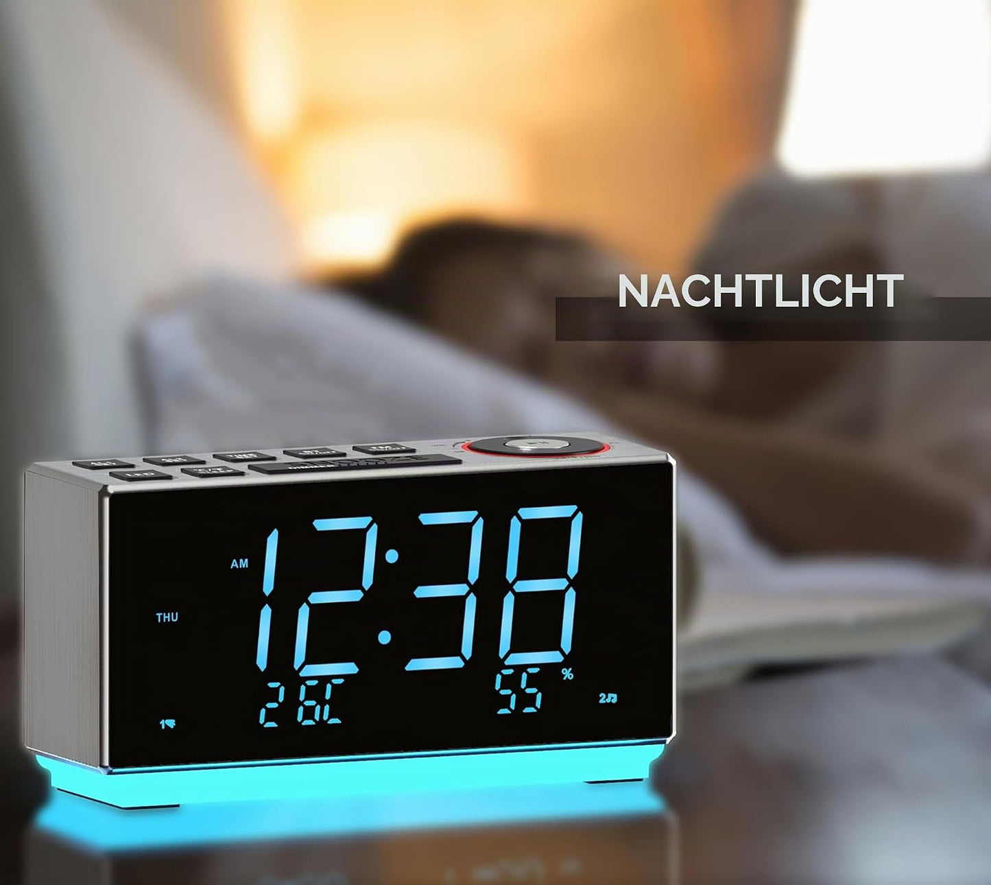 iTOMA Wecker mit FM-Radio, USB-Aufladung, 1.8'' Ice Blue LED,Dual Alarm, Snooze, Dimmer