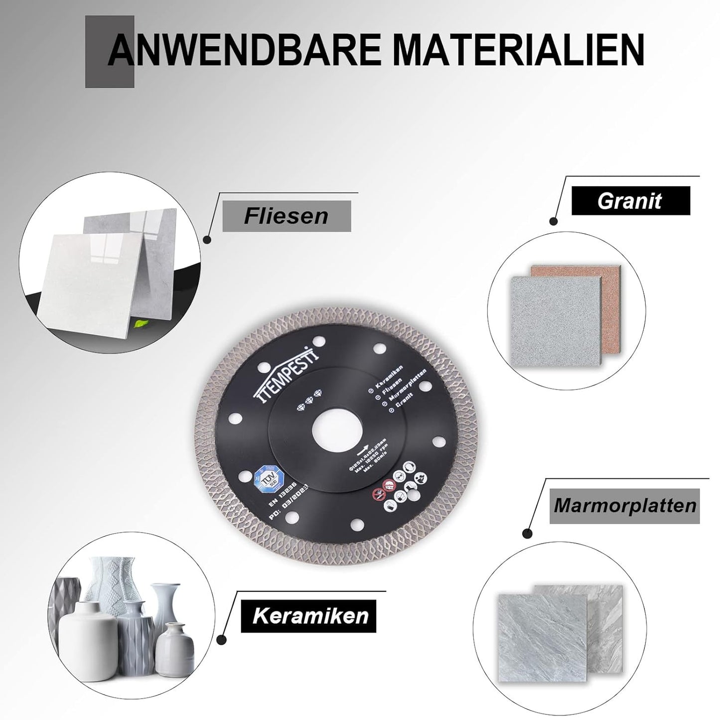 ITEMPESTI Diamanttrennnscheibe 125 mm x 1,4 mm x 22,23 mm ultra fin heißgepressed certifié TÜV SÜD pour Keramik Fliesen Marmor Granit Segmenthöhe : 10 mm (2er Set)