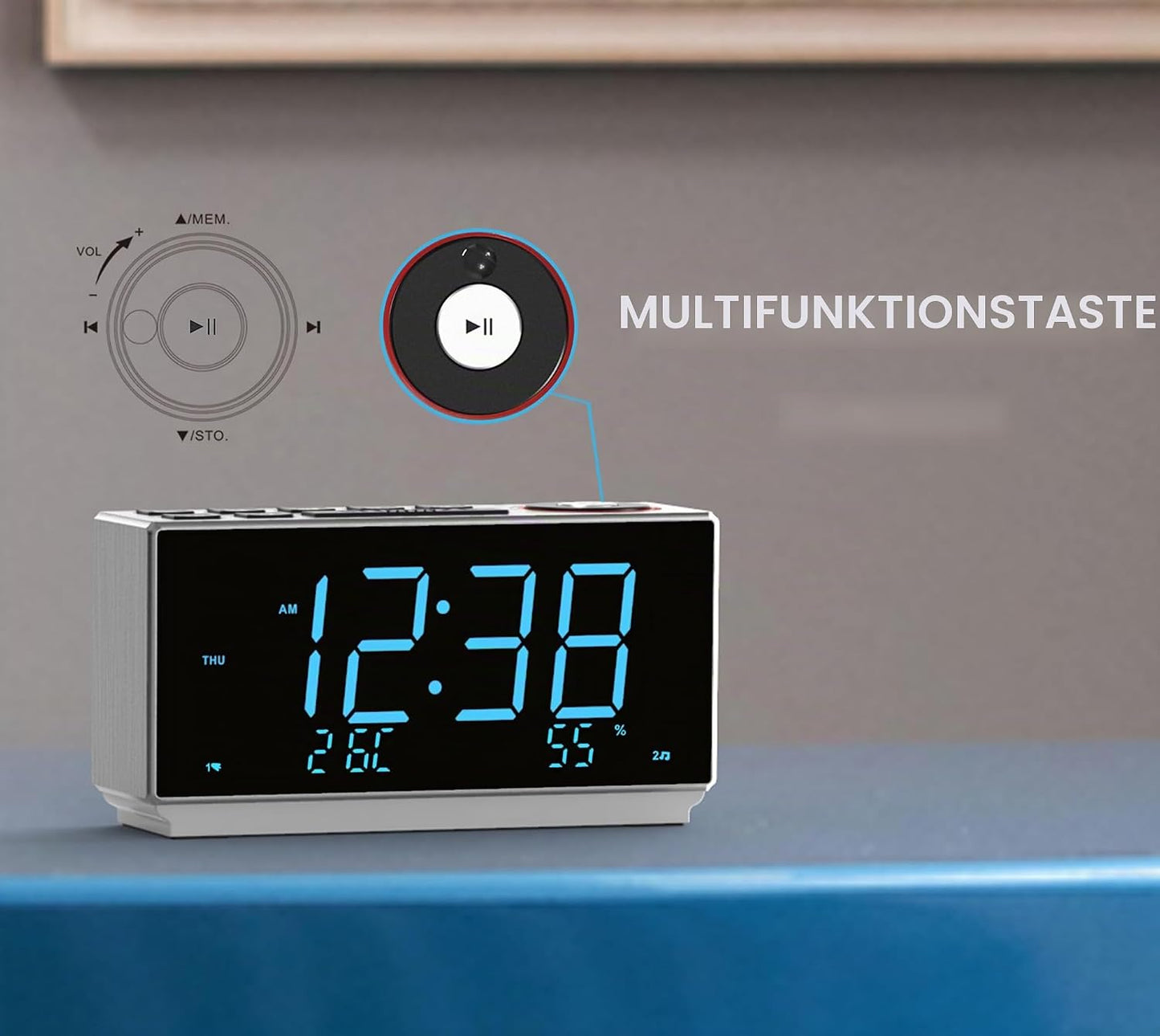 iTOMA Wecker mit FM-Radio, USB-Aufladung, 1.8'' Ice Blue LED,Dual Alarm, Snooze, Dimmer