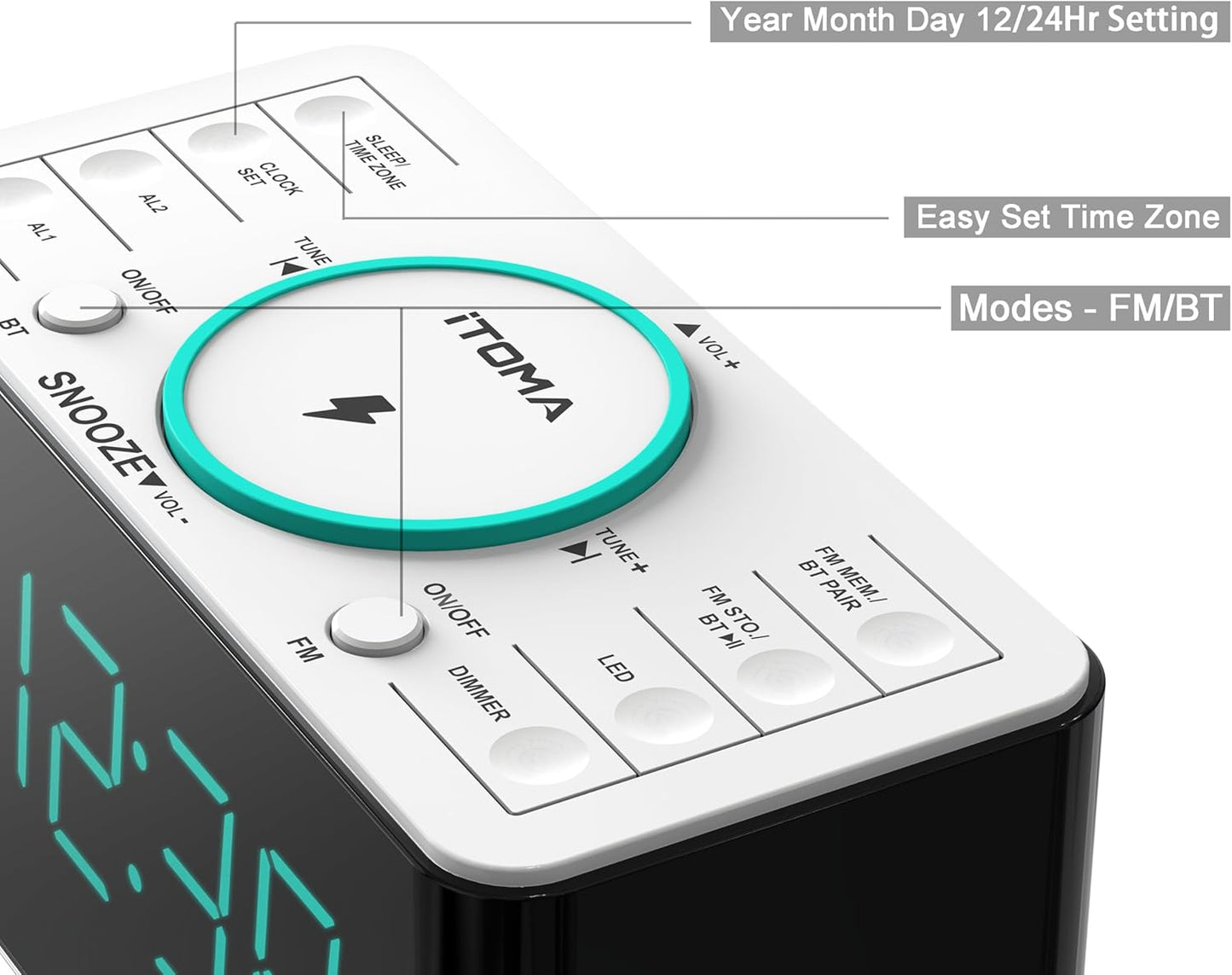 iTOMA Radiowecker,15 Watt  Bluetooth, Dual-Alarm, Snooze, Dimmer, 1,4-Zoll LED-Nachtlicht