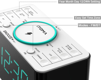 iTOMA Radiowecker,15 Watt  Bluetooth, Dual-Alarm, Snooze, Dimmer, 1,4-Zoll LED-Nachtlicht