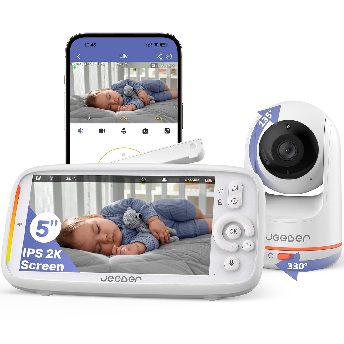 Jeeber 2K/3MP Babyphone mit Kamera APP, 360°, 5" WLAN HDR-Nachtsicht, Weinen/Bewegungs