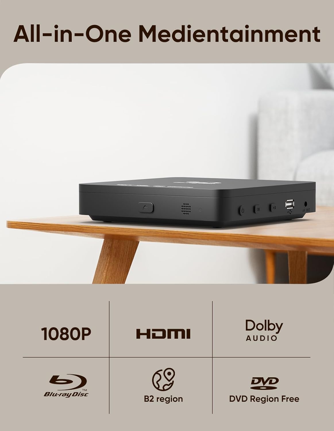 JRIHZ Blu Ray Player 1080P Full HD Region B/2 Blu-ray & All Region,Dolby Digital