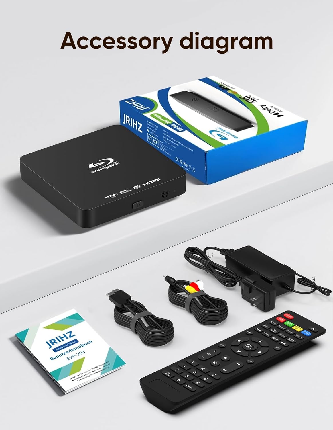 JRIHZ Blu Ray Player 1080P Full HD Region B/2 Blu-ray & All Region,Dolby Digital