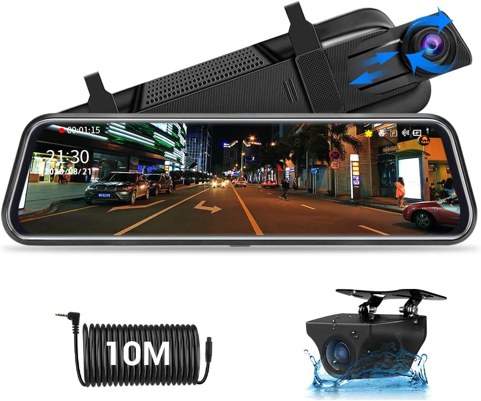 Caméra de tableau de bord Jansite avec rétroviseur et caméra de recul, écran tactile 10 pouces FHD 1080P