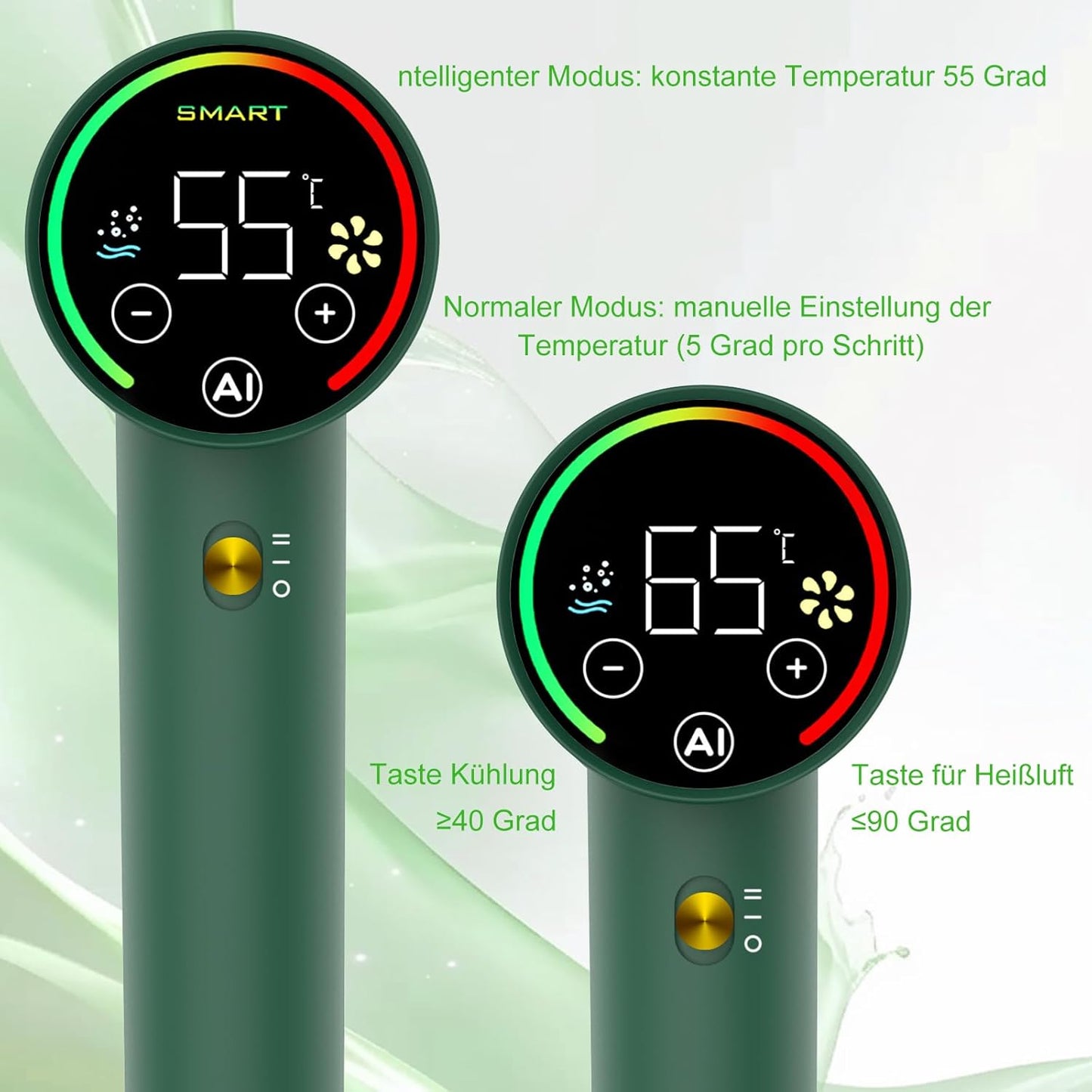 Jecatiy Haartrockner, Föhn, Ionen Zwei Modi Touchscreen Temperaturfunktion und 2 Luftstromstufen Grün