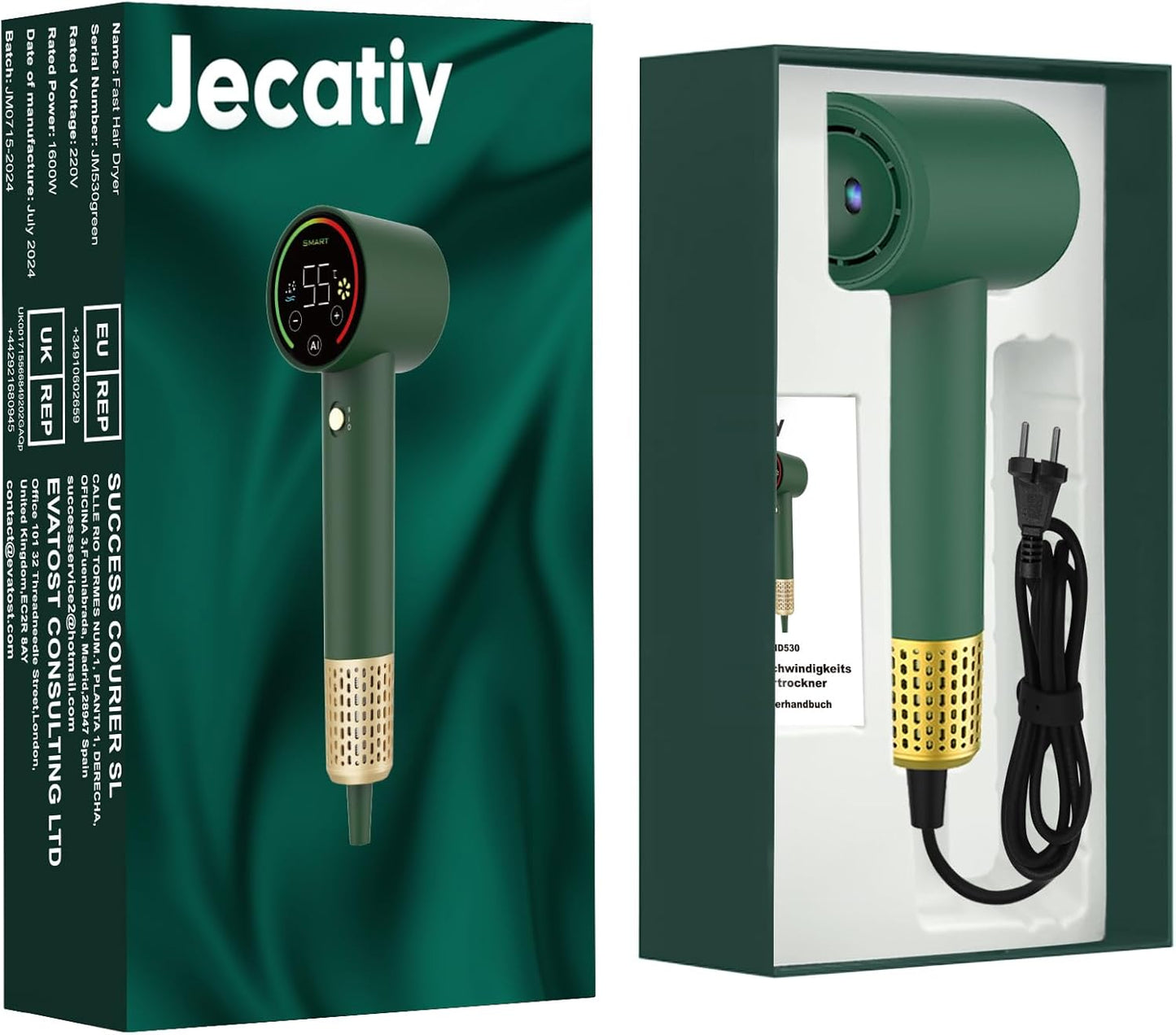 Jecatiy Haartrockner, Föhn, Ionen Zwei Modi Touchscreen Temperaturfunktion und 2 Luftstromstufen Grün