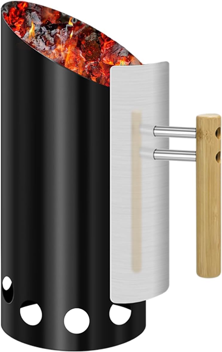 Joyagrill Kohle-Kaminanzünder mit Hitzeschild und Holzgriff Schwarz