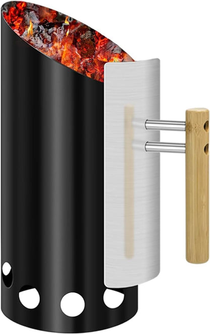 Joyagrill Kohle-Kaminanzünder mit Hitzeschild und Holzgriff Schwarz