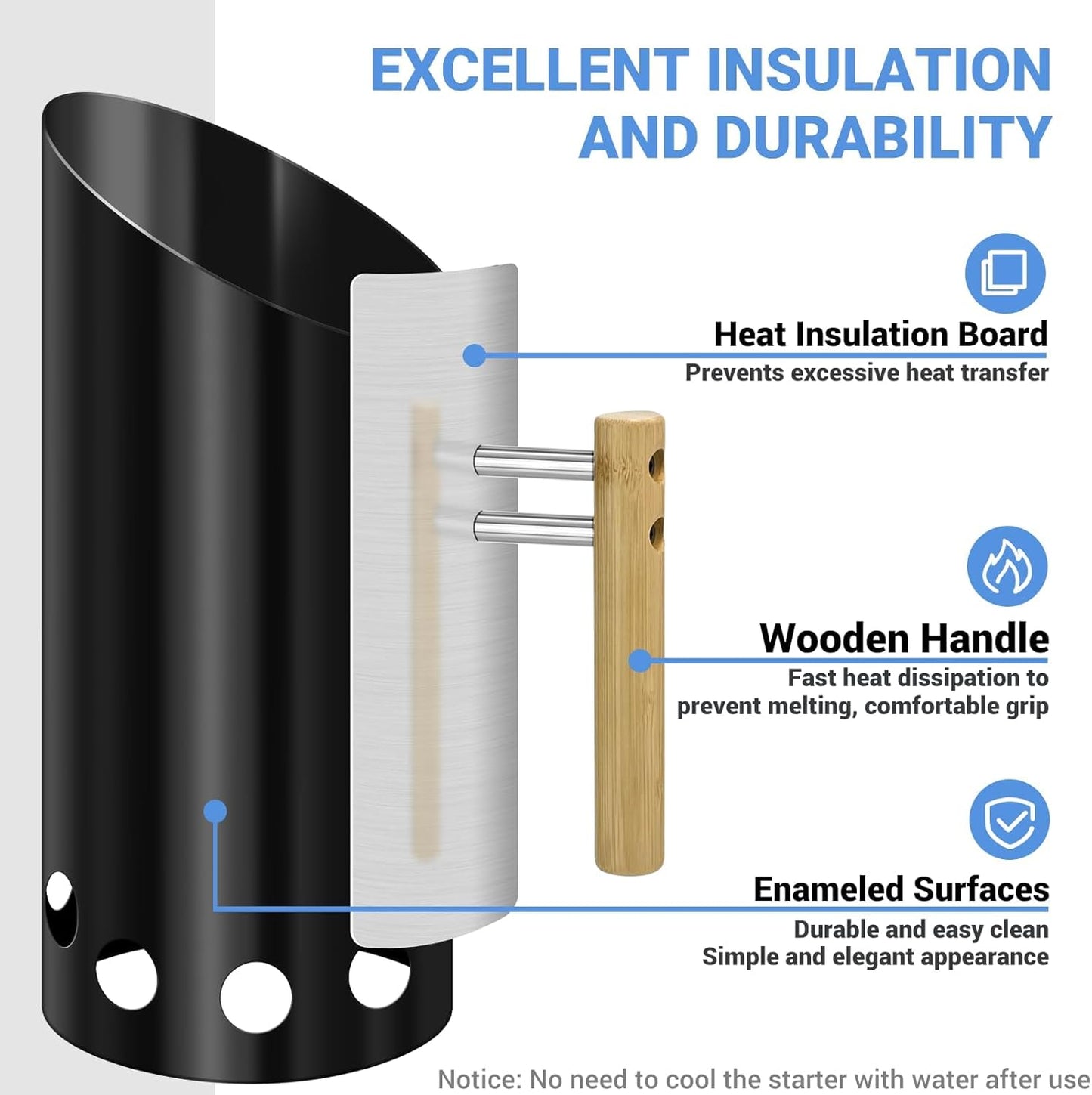 Joyagrill Kohle-Kaminanzünder mit Hitzeschild und Holzgriff Schwarz