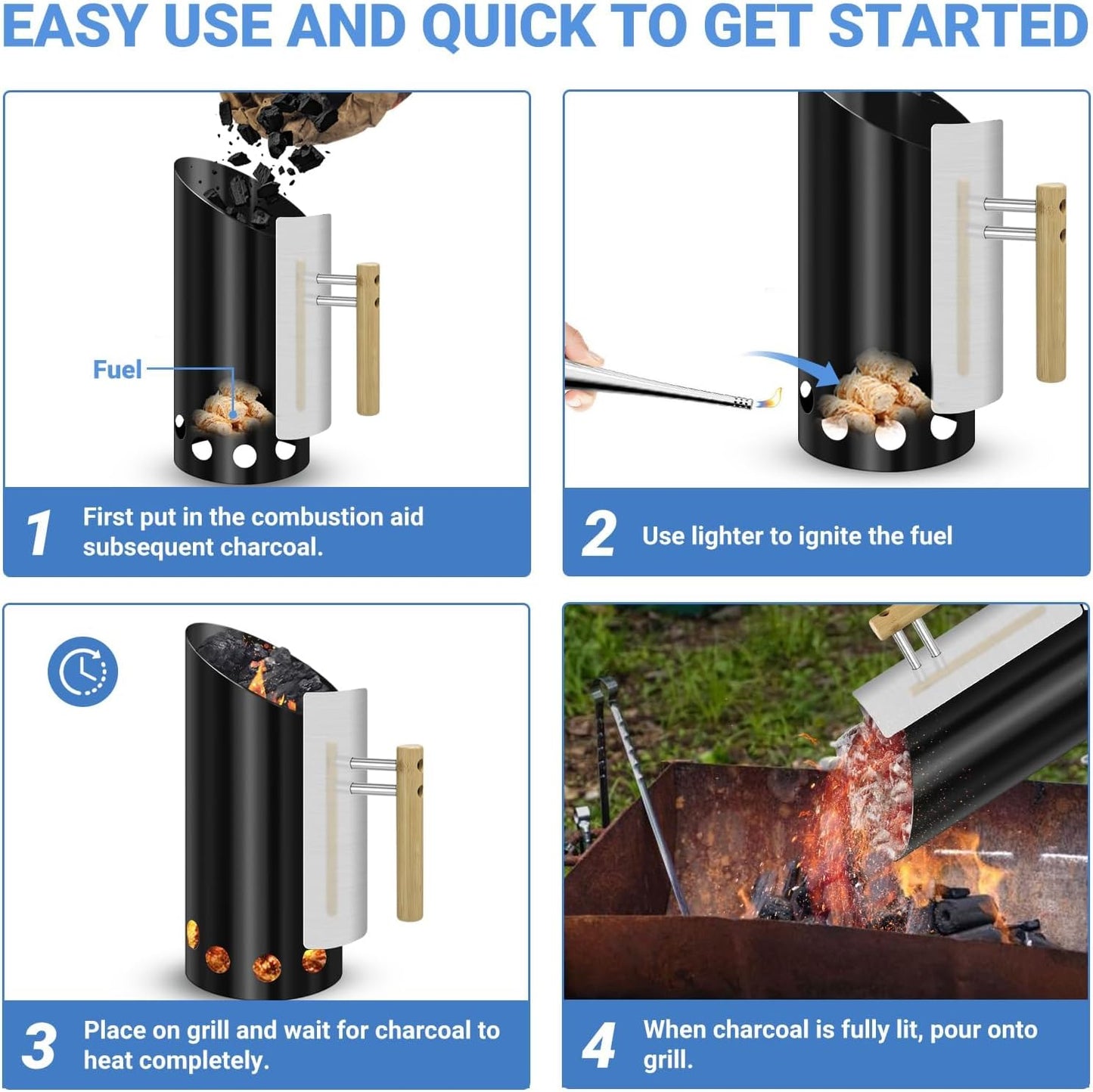 Joyagrill Kohle-Kaminanzünder mit Hitzeschild und Holzgriff Schwarz
