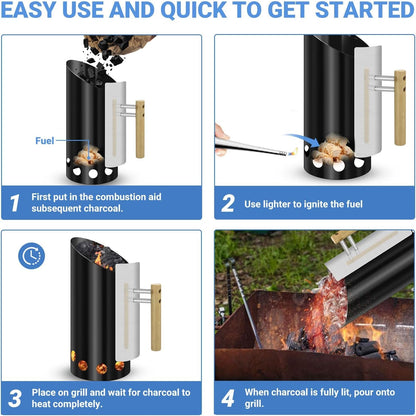 Joyagrill Kohle-Kaminanzünder mit Hitzeschild und Holzgriff Schwarz