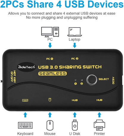 JideTech Switch USB 3.0 Hotkey Teilen Switch for 2 PCs 4 In 2 Out Umschalter mit 2 USB 3.0 Kabel für Drucker, Scanner, Tastatur, USB Sticks, Festplatten, Maus, Headset, unterstützt 3 Schaltmodi