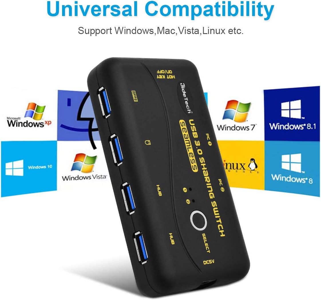 JideTech Switch USB 3.0 Hotkey Teilen Switch for 2 PCs 4 In 2 Out Umschalter mit 2 USB 3.0 Kabel für Drucker, Scanner, Tastatur, USB Sticks, Festplatten, Maus, Headset, unterstützt 3 Schaltmodi