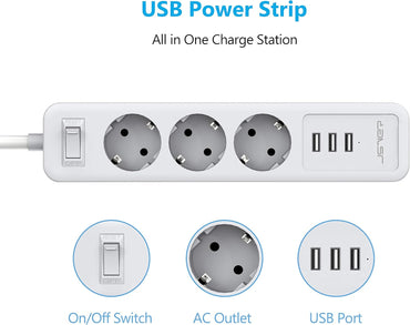 JSVER Steckdosenleiste 3 Fach mit 3 USB Ladeanschlüsse 2M kabel Weiß