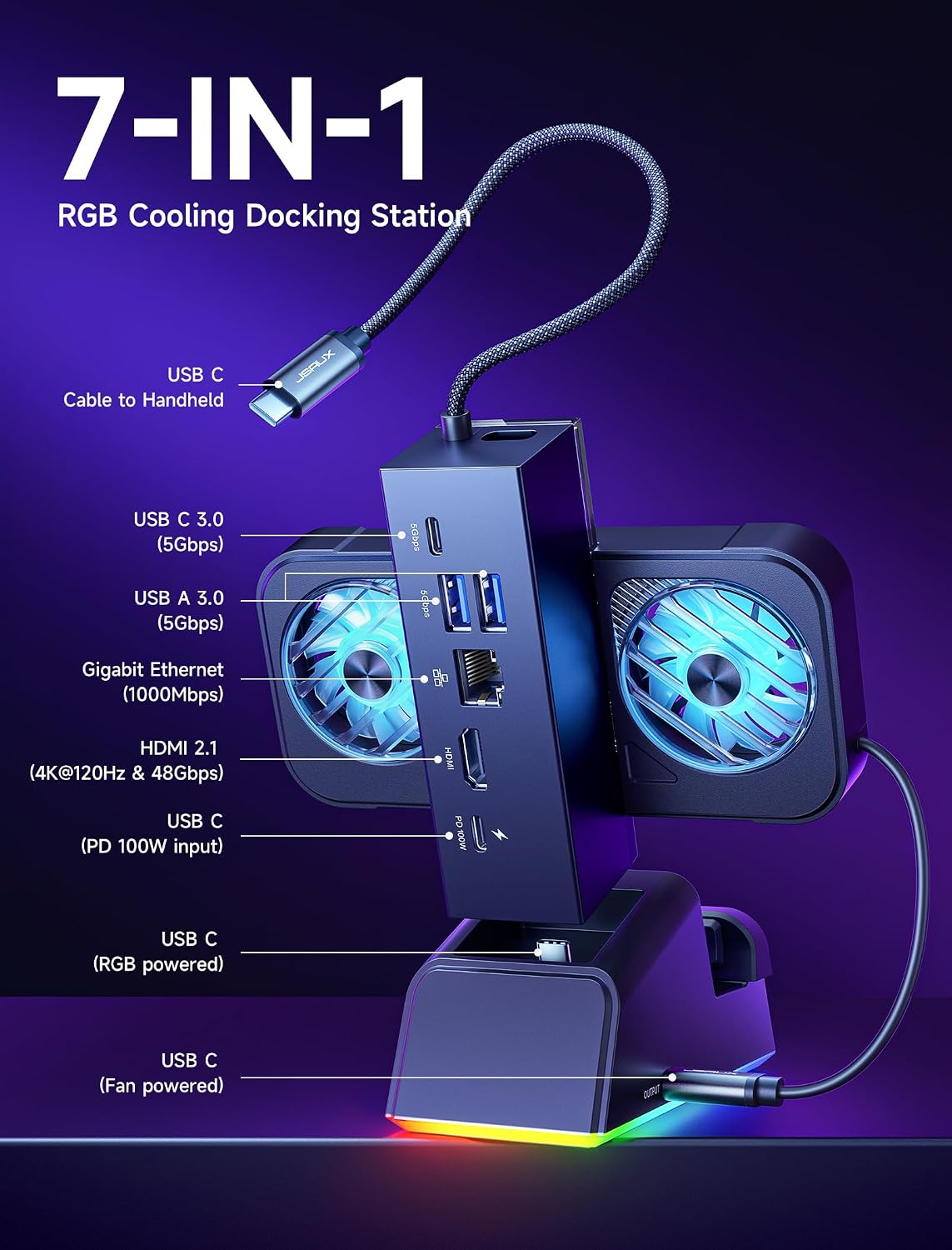 JSAUX Dockingstation 7 in 1 für ROG Ally X/ROG Ally/Steam Deck/Legion Go mit RGB-Kühler