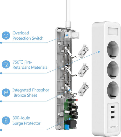 JSVER Steckdosenleiste 3 Fach mit 3 USB Ladeanschlüsse 2M kabel Weiß