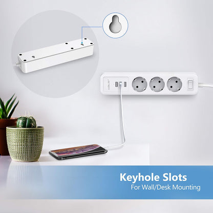 JSVER Steckdosenleiste 3 Fach mit 3 USB Ladeanschlüsse 2M kabel Weiß