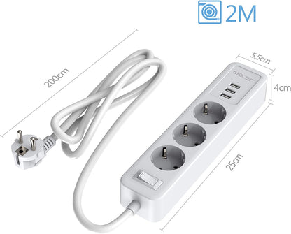 JSVER Steckdosenleiste 3 Fach mit 3 USB Ladeanschlüsse 2M kabel Weiß