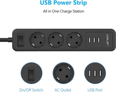 JSVER Steckdosenleiste Mehrfachsteckdose  3 Fach mit 3 USB 3M Schwarz