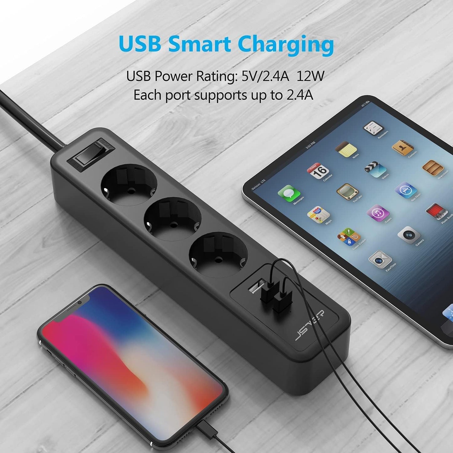 JSVER Steckdosenleiste Mehrfachsteckdose  3 Fach mit 3 USB 3M Schwarz