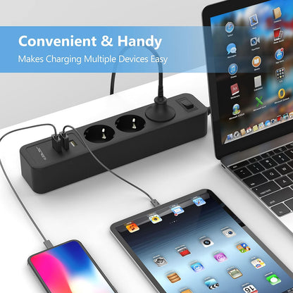 JSVER Steckdosenleiste Mehrfachsteckdose  3 Fach mit 3 USB 3M Schwarz