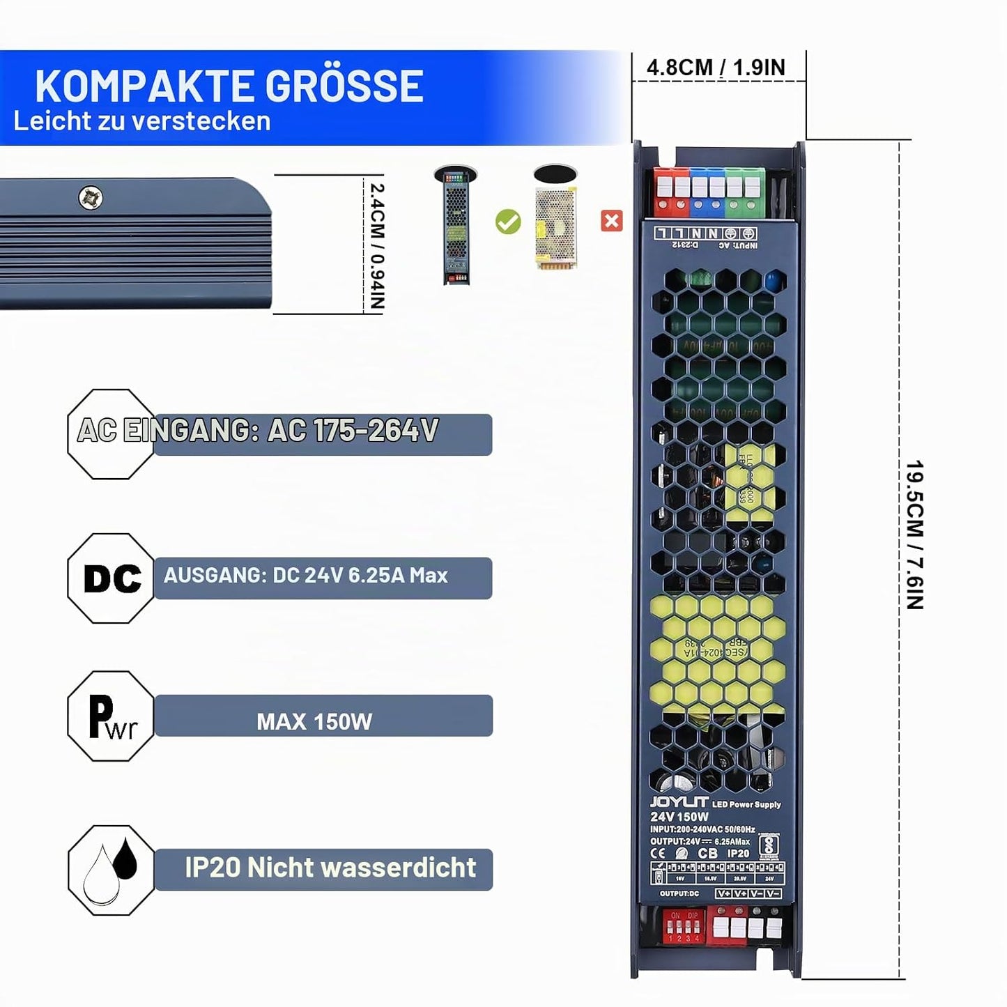 JOYLIT Professionelle LED Trafo 24V 150W 175-264V AC auf DC 24 Volt 6.25A Netzteil