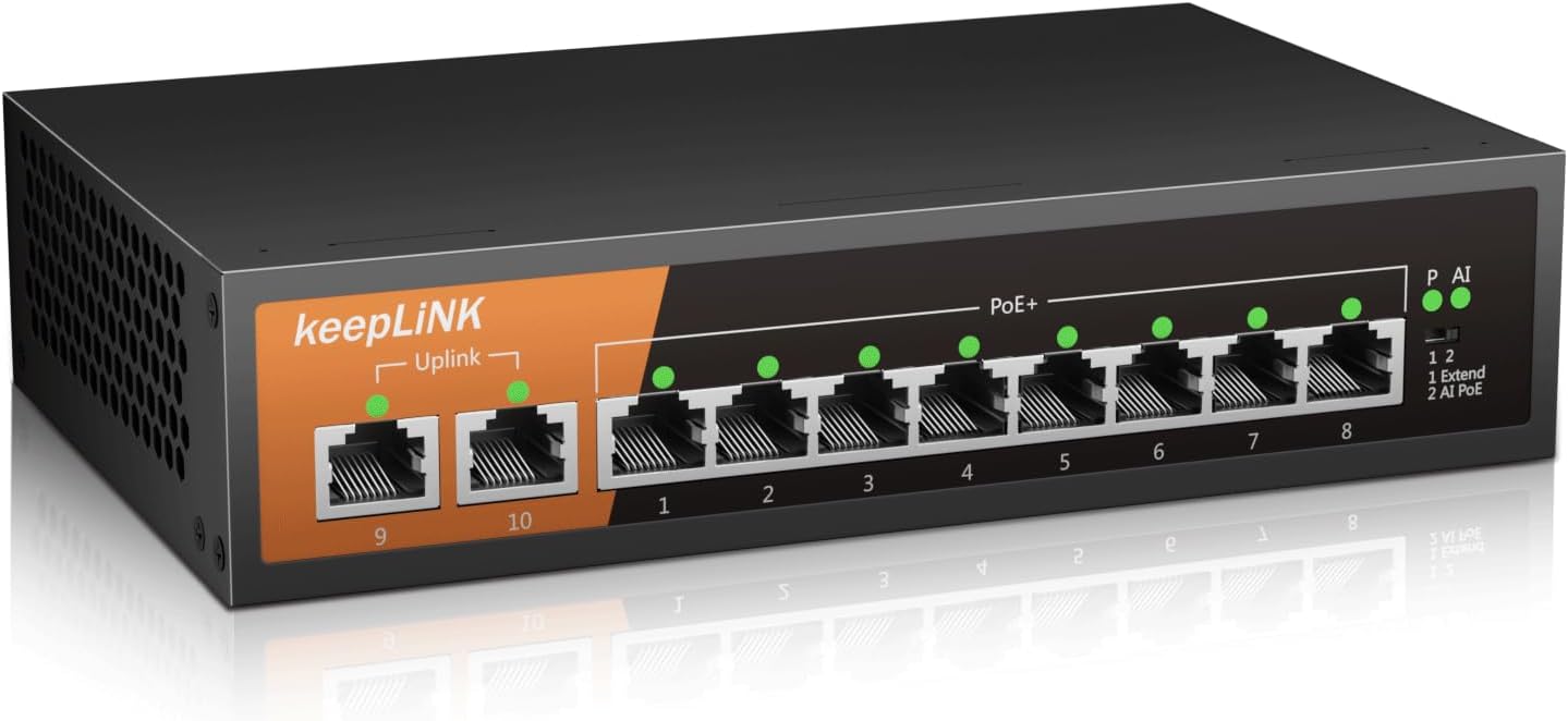 Keeplink PoE Switch 10-Port Gigabit LAN Switch mit 8 PoE+ Ports