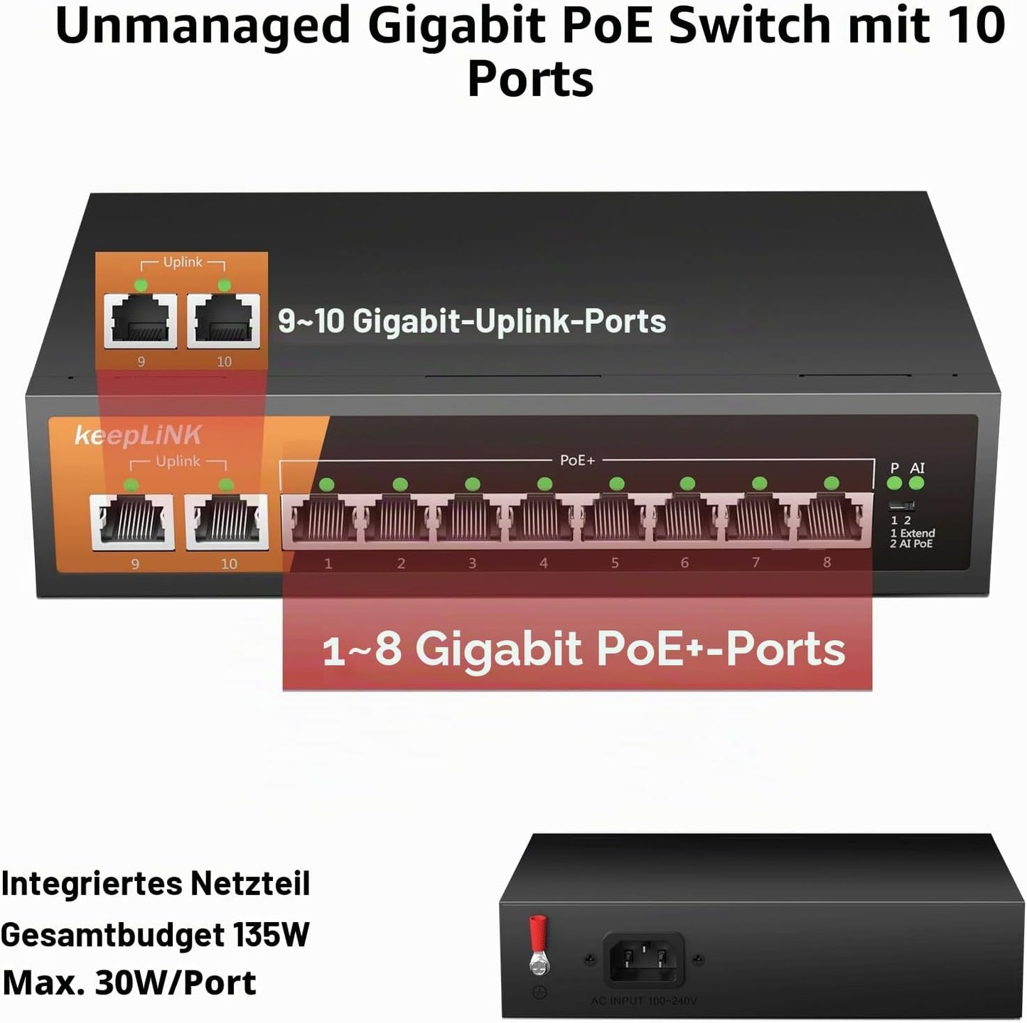 Keeplink PoE Switch 10-Port Gigabit LAN Switch mit 8 PoE+ Ports