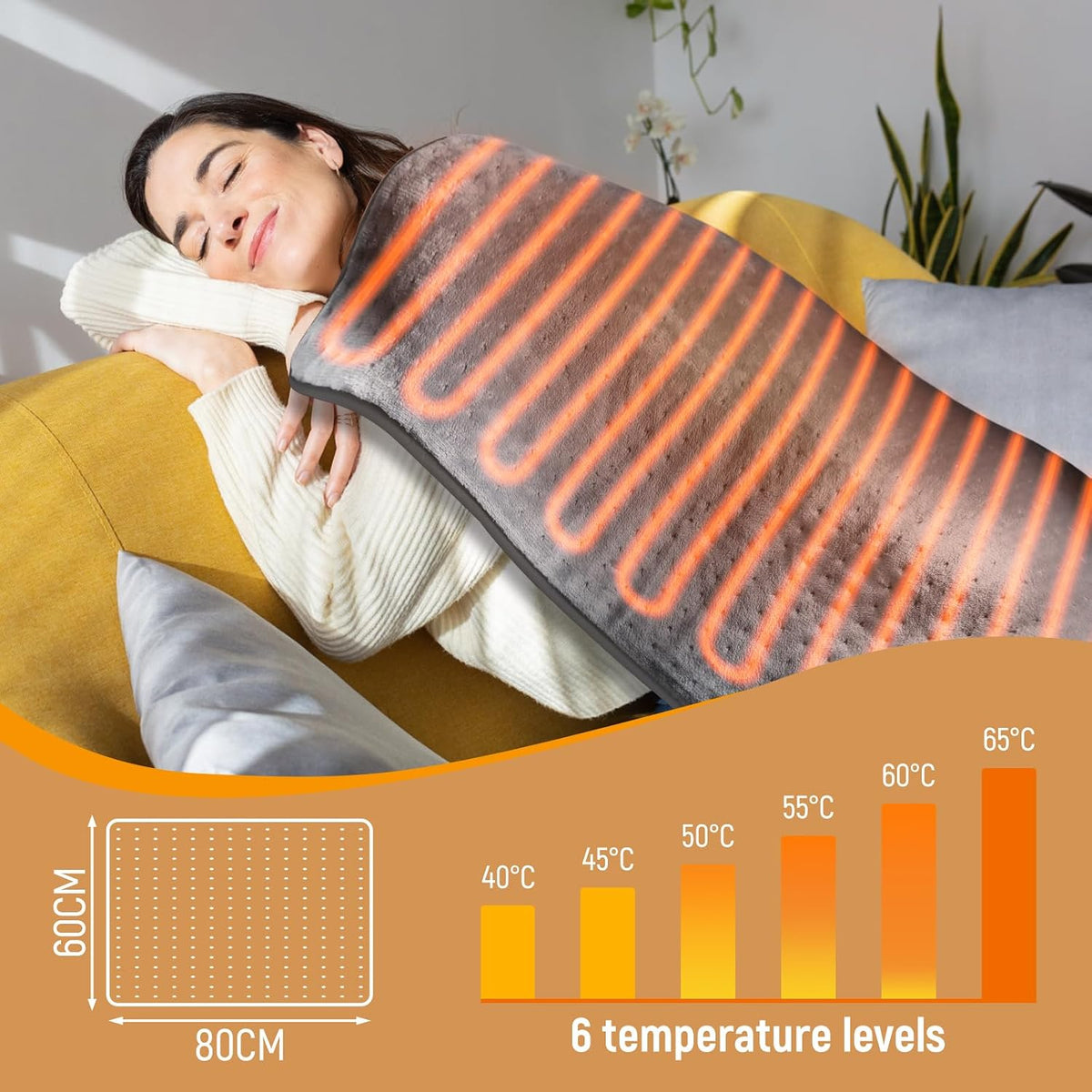 KDTI Elektrisches Heizkissen mit Abschaltautomatik, 60 x 80 CM Schnellheiztech 6 Temp Grau