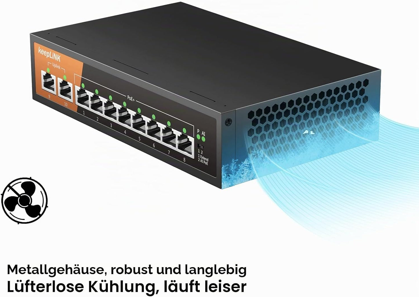 Keeplink PoE Switch 10-Port Gigabit LAN Switch mit 8 PoE+ Ports