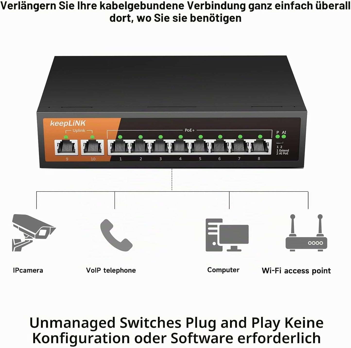 Keeplink PoE Switch 10-Port Gigabit LAN Switch mit 8 PoE+ Ports