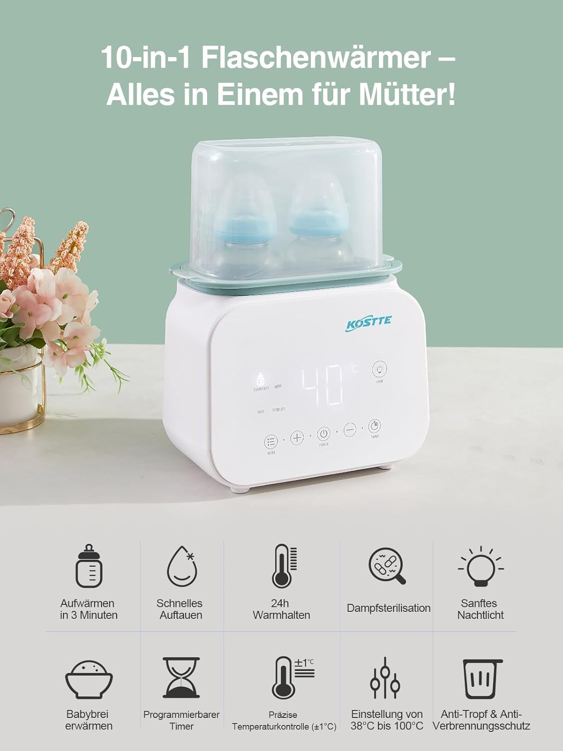 KOSTTE Flaschenwärmer Baby für 2 Flaschen, 10 in 1 Muttermilchwärmer Timer