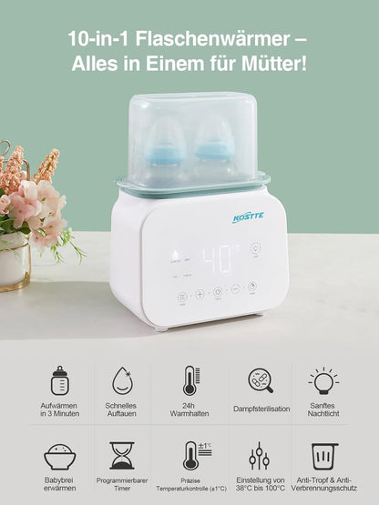 KOSTTE Flaschenwärmer Baby für 2 Flaschen, 10 in 1 Muttermilchwärmer Timer