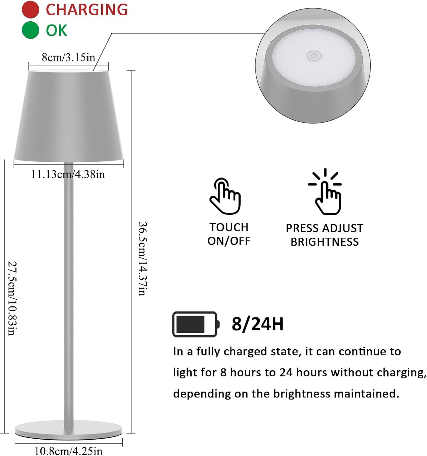 K-Bright 2 Stück LED Dimmbare Akku Tischlampe Kabellose 3000K/4000K/6000K Sandgrau