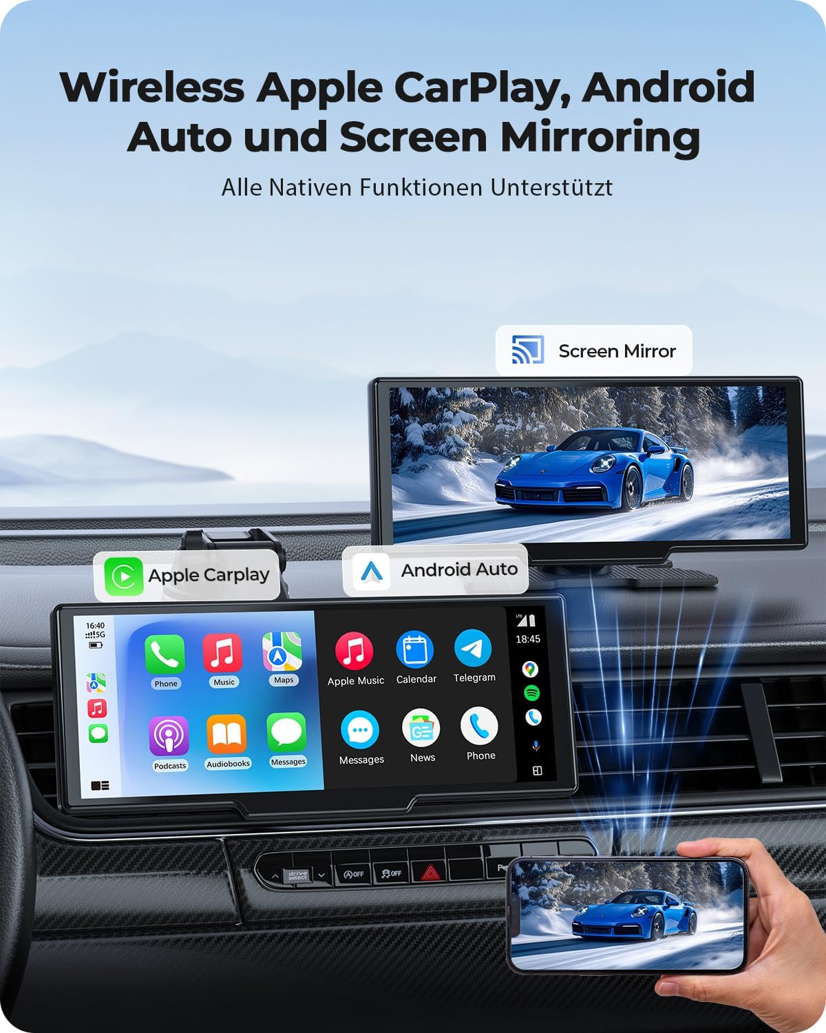 Krunia 9,26" Drahtloses Tragbarer Car Play Display mit 4K-Front- & HD-Rückfahr-Dual-Dashcam für Apple CarPlay & Android