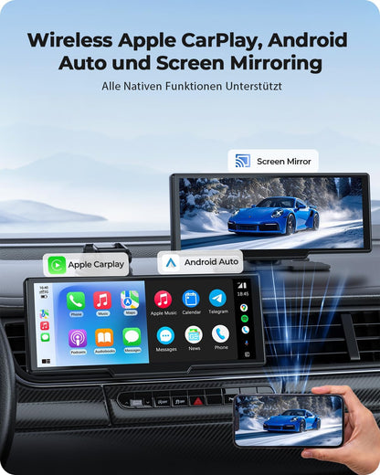 Krunia 9,26" Drahtloses Tragbarer Car Play Display mit 4K-Front- & HD-Rückfahr-Dual-Dashcam für Apple CarPlay & Android