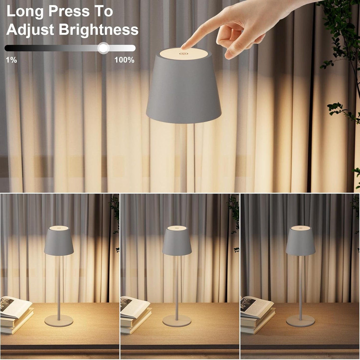 K-Bright 2 Stück LED Dimmbare Akku Tischlampe Kabellose 3000K/4000K/6000K Sandgrau
