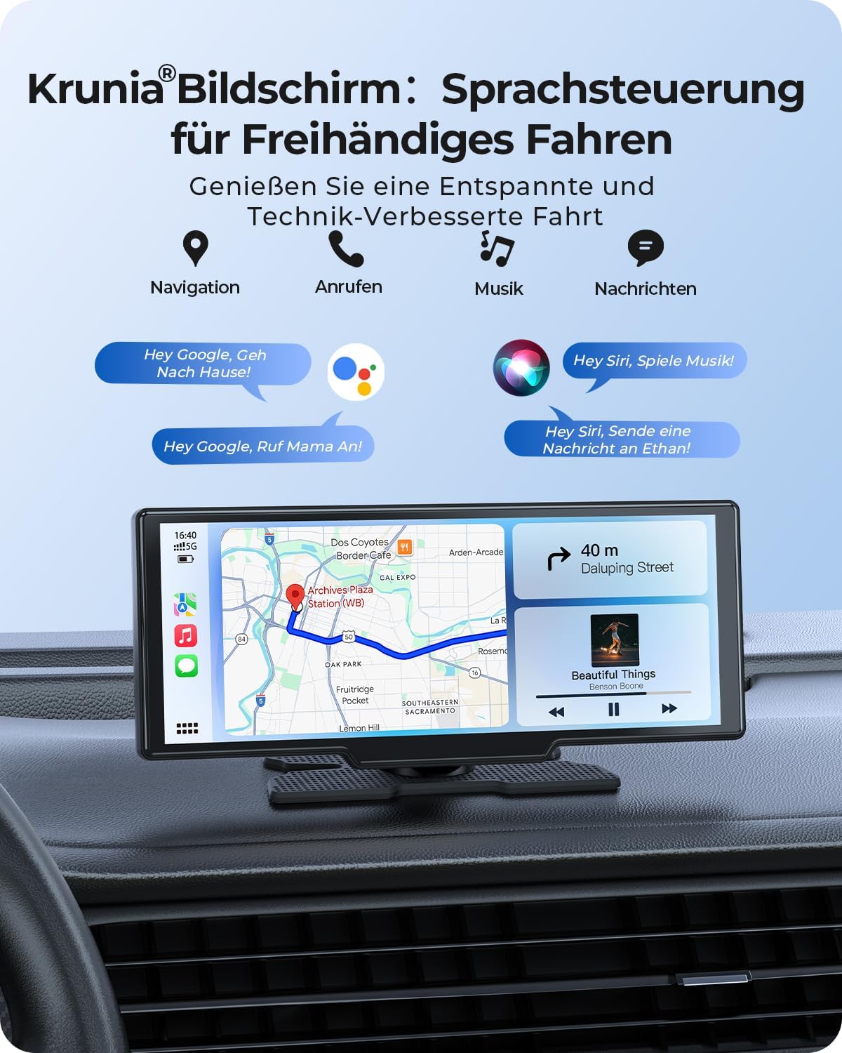 Krunia 9,26" Drahtloses Tragbarer Car Play Display mit 4K-Front- & HD-Rückfahr-Dual-Dashcam für Apple CarPlay & Android