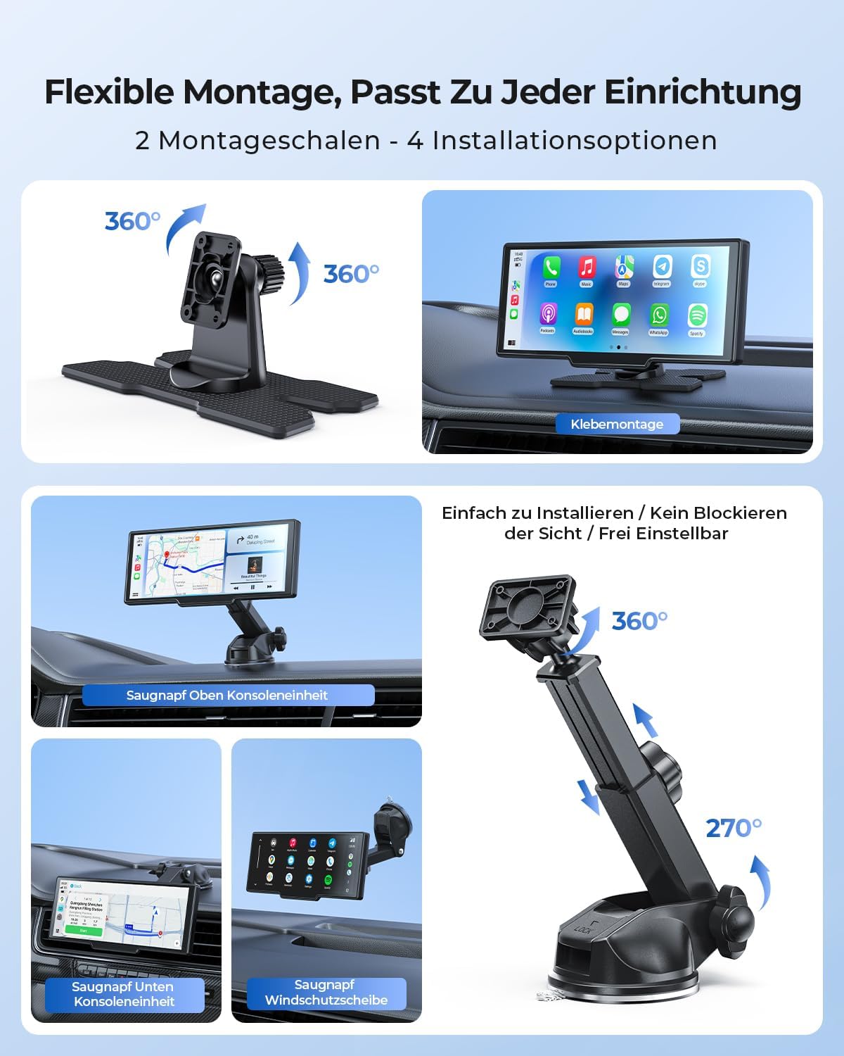 Krunia 9,26" Drahtloses Tragbarer Car Play Display mit 4K-Front- & HD-Rückfahr-Dual-Dashcam für Apple CarPlay & Android