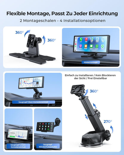 Krunia 9,26" Drahtloses Tragbarer Car Play Display mit 4K-Front- & HD-Rückfahr-Dual-Dashcam für Apple CarPlay & Android