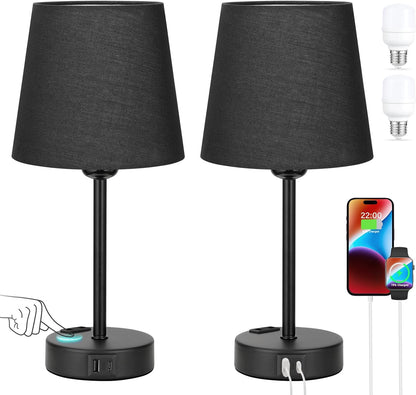Kakanuo Nachttischlampe Touch Dimmbar 2er Set,Tischlampe avec fonction de charge USB A+C Noir